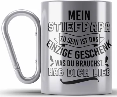 Produktbild von Trendation - Stiefpapa Edelstahl Tasse Karabiner Spruch Geschenk Lustige Sprüche Stiefvater Geschenk Geburtstag Geburtstagsgeschenk (Silber)
