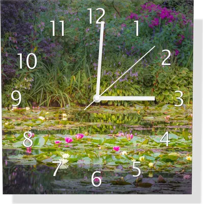 Produktbild von Wallario Design Wanduhr Blühender Seerosenteppich aus Echtglas, Größe 30 x 30 cm