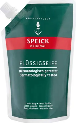 Produktbild von Speick Original Flüssigseife, Nachfüllbeutel, 600ml, Hände, Flüssigseife, Nachfüllbeutel, Enthärtetes Wasser, Waschrohstoff, Waschrohstoff (pflanzliche Basis), Kochsalz,..., Hände mit lauwarmem Wasser gut abspülen. Flüssigseife auf den feuchten Händen aufschäumen...., 600 ml