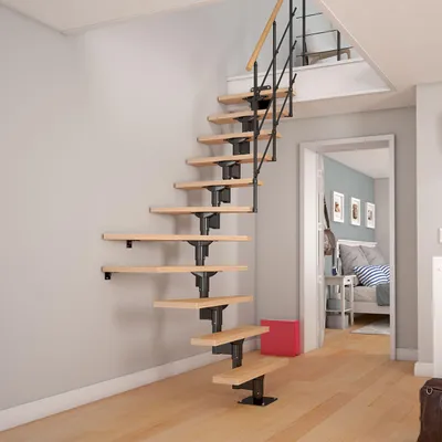 Produktbild von DOLLE Elegante Raumspartreppe in modernem Design, edlem Schwarz - Geschosshöhe bis 282 cm - 1/4-gewendelt | Stufen Multiplex Buche lackiert