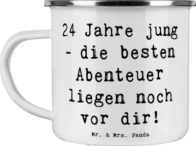 Produktbild von Mr. & Mrs. Panda Teetasse Spruch 24. Geburtstag - Weiß - Geschenk, Happy Birthday, becher emaille, Haferl, feiern, Teebecher, Alter, 24 Jahre jung, Pott, Kaffeepott