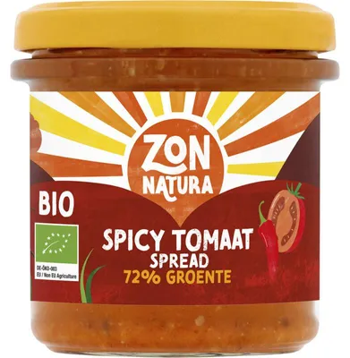 Zdjęcie produktu dla Zonnatura Spicy Tomaat Spread 72% warzyw, 135g – Pikantny pasta pomidorowa