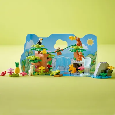 Produktbild von LEGO 10973 DUPLO Wilde Tiere Südamerikas Spielzeug-Set mit 7 Tierfiguren, Steine und Dschungel-Spielmatte, Lernspielzeug ab 2 Jahre