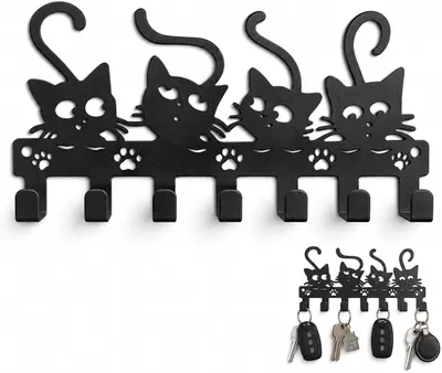 Productafbeelding van Sleutelhanger voor wandmontage met 4 katten - Sleutelhanger van koolstofstaal - Zwart - Wandhaken met schroefbevestiging