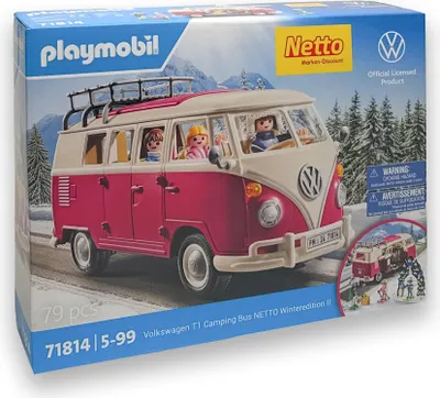 A box of a toy camping bus with figures inside, set against a wintery landscape.