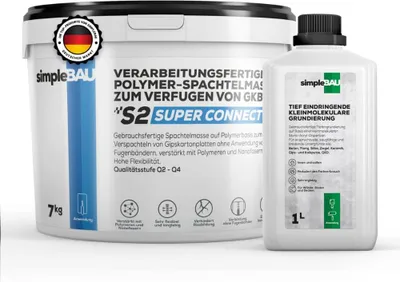 Produktbild von SimpleBau Spachtelmasse 7 kg und Tiefengrundierung 1L , Polymerbasierte Fertigspachtel für Gipskartonplatten und gebrauchsfertiger Tiefgrund