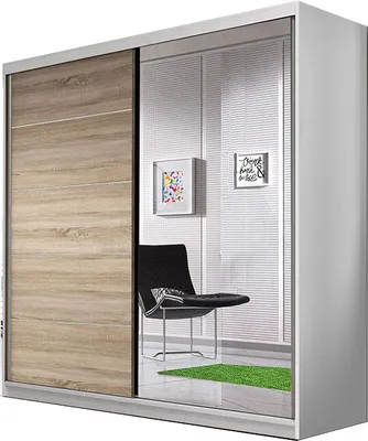 Produktbild von MOEBLO Kleiderschrank TESS 03 – Schwebetürenschrank 2-türig Schrank Garderobe Schiebtüren Schlafzimmer mit Spiegel, Kleiderstange und Regale (BxHxT): 183x218x61 cm (Weiß + Sonoma)
