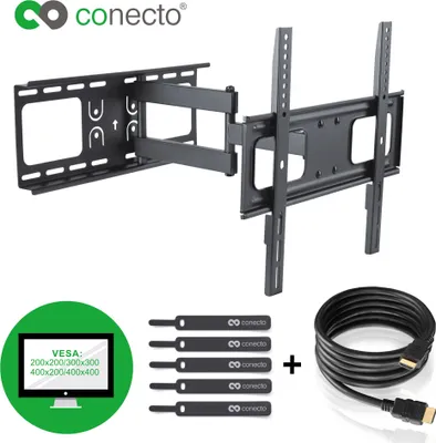Produktbild von conecto CC50272 Wandhalterung für TV Geräte mit 81-140 cm (32-55 Zoll), neigbar: -20° bis 10°, schwenkbar: -90° bis 90°, Wandabstand: 62-475mm, Traglast: max. 50,0kg, VESA 400x400, schwarz, inkl. GRATIS HDMI-Kabel und Klett-Kabelbinder