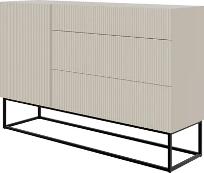A gray-beige sideboard with a black metal frame on a white background.
