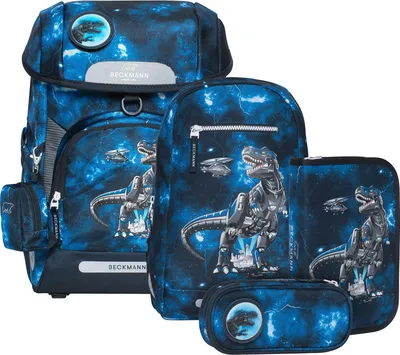 A collection of school bags and accessories with a dinosaur theme.