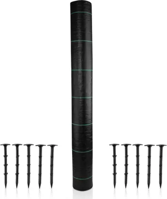 Zdjęcie produktu dla CoverUp! włóknina na chwasty 1m x 50m = 50m² - włóknina ogrodowa na chwasty przepuszczająca wodę, oddychająca (100 g/m²) - w zestawie 10 kotew gruntowych