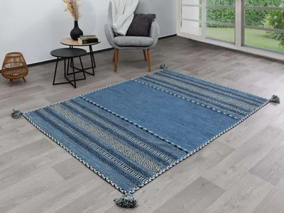 Produktbild von Steffensmeier Handwebteppich Muriani | Baumwolle |  Wohnzimmer | Blau, handgewebt, Größe: 80x150 cm