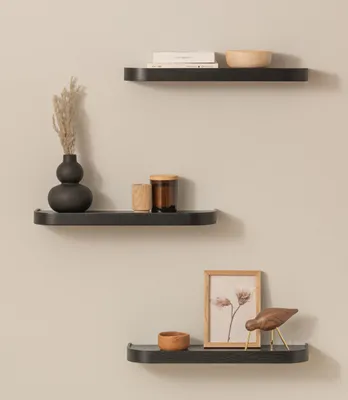 Produktbild von Wandregal-Set „Toke“ | 3 Hängeregale aus Echtholzfurnier | Schwebendes Holzregal als Wanddekoration und Aufbewahrung für Bad, Wohnzimmer, Küche, Schlafzimmer und mehr | Eiche, Schwarz