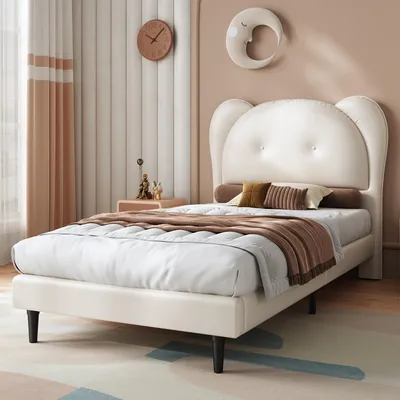Produktbild von Merax Polsterbett 90x200 mit stabiler Eisenrahmen und Lattenrost, Kinderbett mit Tier-Kopfteil, Einzelbett aus pflegeleichtes PU, beige