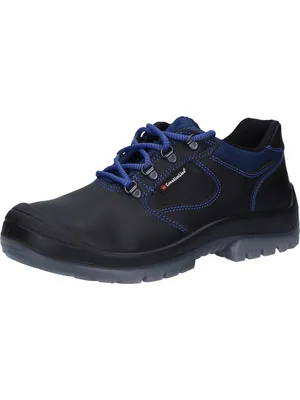 A single black and blue work shoe is shown against a white background.