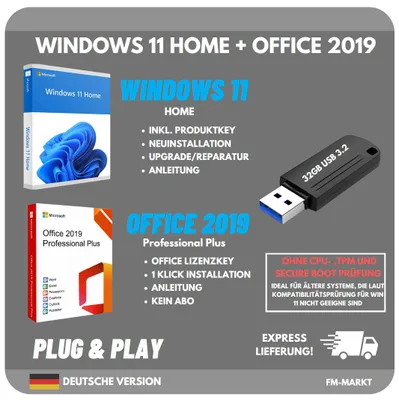 Produktbild von Windows 11 Home + Microsoft Office 2019 Professional Plus | 32GB USB 3.2 Installationsstick | inkl. Lizenzschlüssel | OHNE TPM 2.0 | Bundle Set