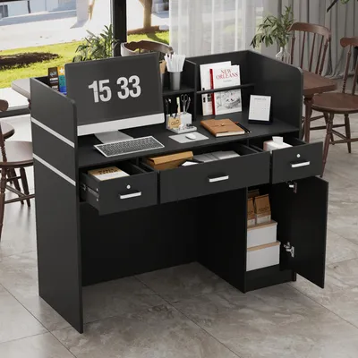 Produktbild von Empfangstheke mit Strauraum an der Rezeption Abschließbare Schubladen und Schränke an der Rezeption Klinik, Salon, Schwarz, MDF, 120 × 48 × 110 cm