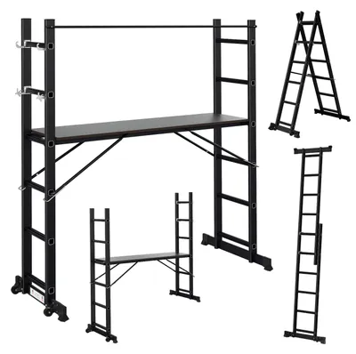 Image de Échafaudage multifonction Peviasot 4-en-1, échelle en aluminium, 2 x 6 marches avec plateforme, capacité jusqu'à 150 kg, 276 cm, couleur noire