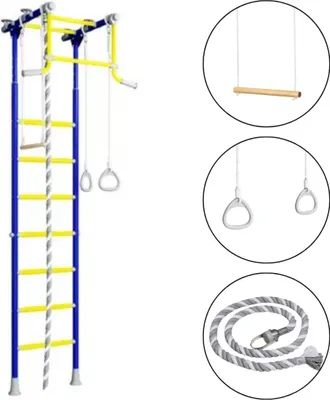 Produktbild von Sprossenwand für Kinder Indoor Klettergerüst aus Metall mit Gymnastikschaukel und Strickleiter  – Comet 2, blau