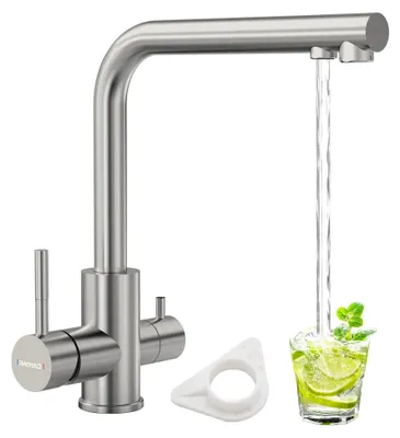 Produktbild von 3-Wege Wasserhahn Küche, 3 in 1 Mischbatterie für Wasserfilter, 360° drehbare Küchenarmatur, Trinkwasserhahn mit 2 Hebeln, Küchenarmatur aus SUS304 Edelstahl, gebürstetes Nickel