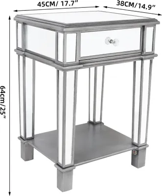 A mirrored end table with a single drawer and a lower shelf, shown against a white background with dimensions indicated.