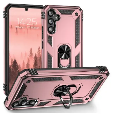 A rose gold Samsung Galaxy A34 5G phone case with a built-in ring stand is displayed from multiple angles against a white background.