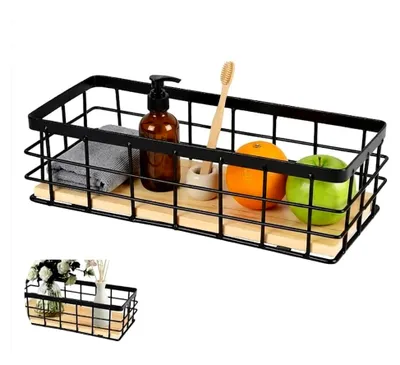 Produktbild von Metallkorb in Schwarz für die Wandmontage, Aufbewahrungskorb mit Holzsockel für Küche und Badezimmer (1 Stück)