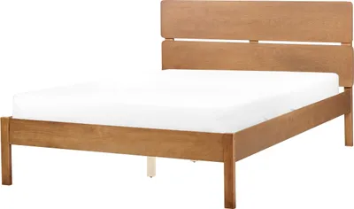 Produktbild von BELIANI Bett Dunkelbraun Gummibaumholz mit Lattenrost 140 x 200 cm Hohes Kopfteil Lamellenoptik Rustikaler Stil Schlafzimmer Ausstattung Doppelbett