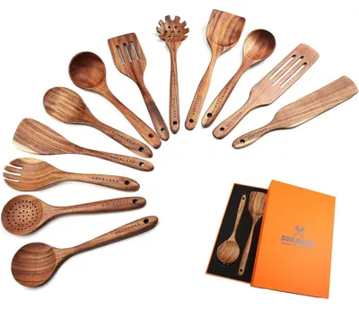 Productafbeelding van Set van 12 houten pollepels van teak, hittebestendig, geschikt voor gebruik met anti-aanbakpannen