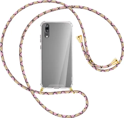 Produktbild von Handykette Backcover-Schutzhülle mit Band (Metall goldfarben) für Huawei P20 - rosa Karo