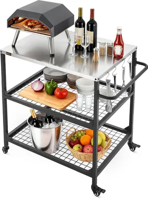 Image de VEVOR Chariot de barbecue d'extérieur 80 x 61 cm (dimensions du plateau), table de barbecue roulante avec poignée latérale, 2 étagères grillagées et 4 roues, table de préparation pour barbecue, chariot de service pour pique-nique, cuisine, jardin