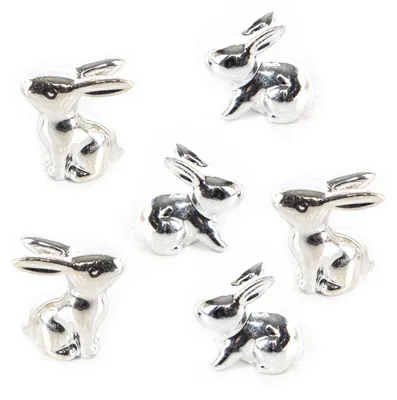 Produktbild von 6 kleine Porzellan Osterhasen Silber glänzend Deko 4 cm