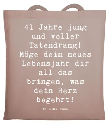 Produktbild von Mr. & Mrs. Panda Einkaufstasche Spruch 41. Geburtstag Tatendrang - Braun Pastell - Geschenk, Uni Tasche, Alter, Geburtstagsparty, Geburtstagsgeschenk, Happy Birthday