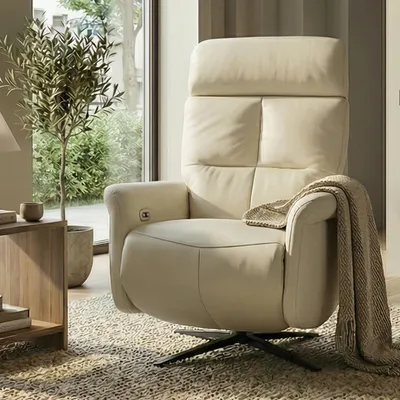 Produktbild von Relaxsessel MCW-L10, TV-Sessel Liegesessel, Liegefunktion drehbar, elektrisch verstellbar Voll-Leder  creme-weiß