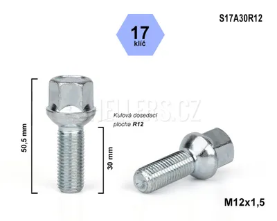Obrázek produktu pro Kolový šroub M12x1,5x30 kulový R12, klíč 17, S17A30R12 výška 50,5 mm