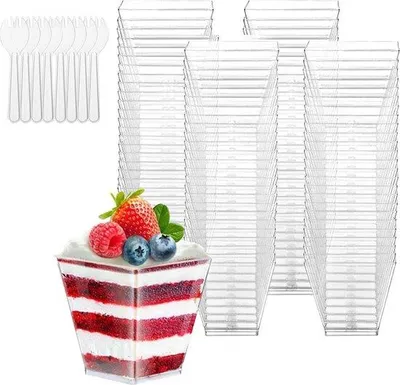 Produktbild von Famanu Dessertbecher 50 Stück - wiederverwendbar - 110 ml mit Löffeln