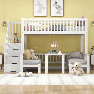 Zdjęcie produktu dla Łóżko na poddaszu dla dzieci z regulowanym stolikiem i solidnymi schodami wykonanymi z drewna sosnowego, z barierką zabezpieczającą, białe, 90x200 i 120x200