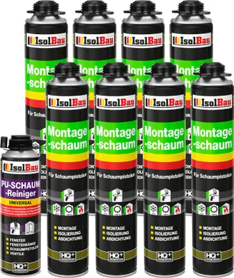 Produktbild von Isolbau Bauschaum-Set - Inkl. 8x 1K Montageschaum Pistolenschaum (je 750 ml), 1xPU-Schaum-Reiniger (500 ml)