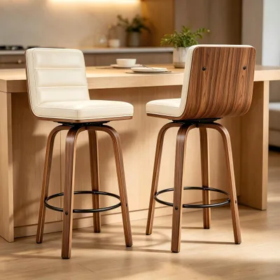 Obrázek produktu pro MODFU Sada dvou barových židlí s otočnou konstrukcí o 360°, otočné, s ergonomickou opěrkou nohou a polstrovanou opěradlem, barva krémová + hnědá