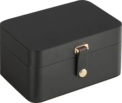 Produktbild von Reise-Schmuckkästchen, kleine Schmuckbox, 2 Ebenen Schmuckaufbewahrung, tragbar, Schmuck-Reisekoffer, für größere Accessoires, 11 x 16 x 8 cm, Geschenkidee, tiefschwarz