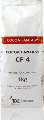 A white bag of cocoa powder with branding and product information.