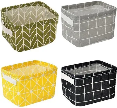 Produktbild von Ibenzoa® Set mit 4 kleinen Stoff-Aufbewahrungskörben aus Baumwolle & Leinen, PE-gelaminiert, 19,7×16×13 cm – faltbar mit Griff, für Zuhause & Büro