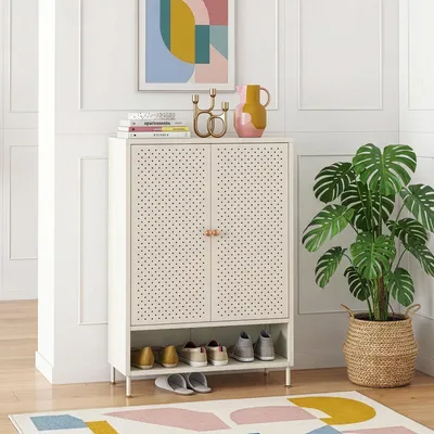 Produktbild von Schuhschrank 'Coleraine' mit 2 Türen Stahl 115 x 80 x 35 cm mit Fach Cremeweiß