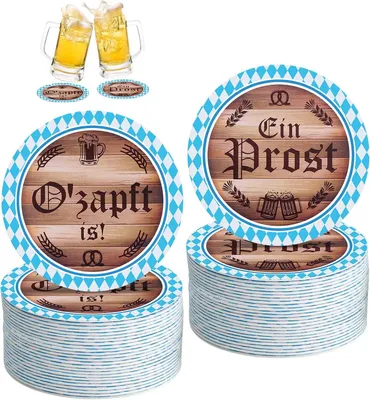 Obrázek produktu pro Dekorativní podtácky na , 48 kusů, s motivem "O'zapft is!" a "Ein Proost!", bavorské oslavy (10 cm)