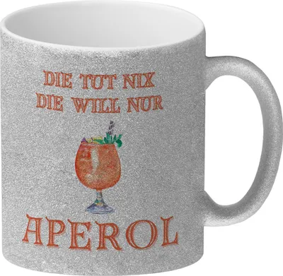 Produktbild von Aperol Glitzer-Kaffeebecher mit Spruch Die tut nix die will nur Aperol