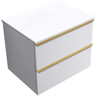 Obrázok produktu pre CERANO – Kúpeľňová skrinka Velora – biela matná, úchytka zlatá + doska pod umývadlo Navira Slim – 18 mm – 70 × 54,8 × 46,5 cm
