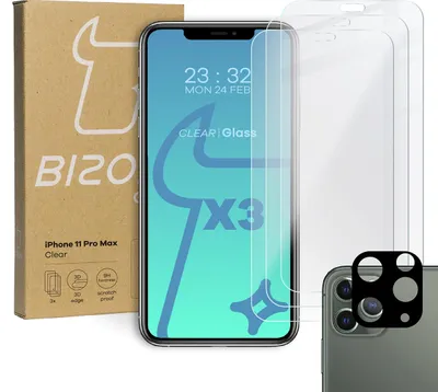 Produktbild von Bizon Glass Clear gehärtetes Glas - 3 Stück + Linse, iPhone 11 Pro Max