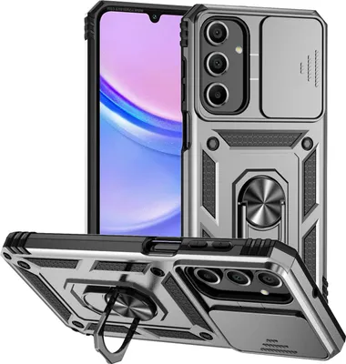 Immagine prodotto di Custodia per Samsung Galaxy A16 a doppio strato con copertura scorrevole della fotocamera e supporto ad anello Argento