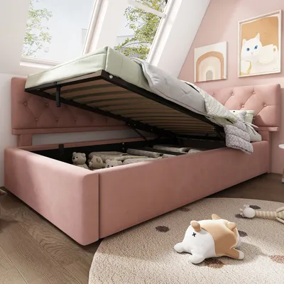 Obrázek produktu pro okwish čalouněná postel 90x200, rozkládací pohovka s hydraulickým úložným prostorem, denní lůžko s lamelovým roštem, bez matrace, růžová barva