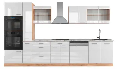 Image de Cuisine Vicco R-Line Blanc brillant/Chêne doré 350cm avec armoire haute, PT Marbre, Model 49466